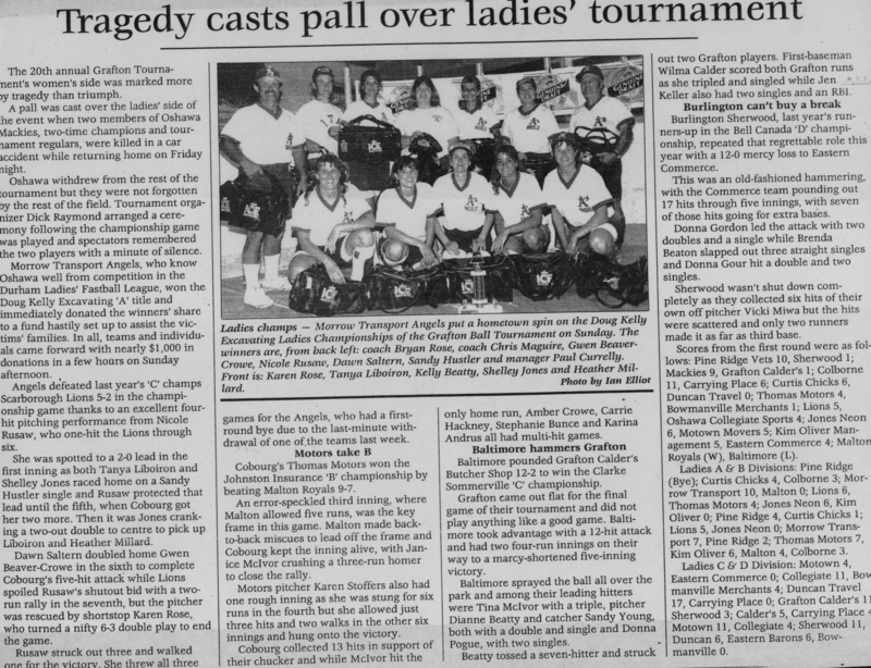 Softball -Grafton Tournament -1993 -Ladies-Summary and A Champs-Cobourg Morrow Angels