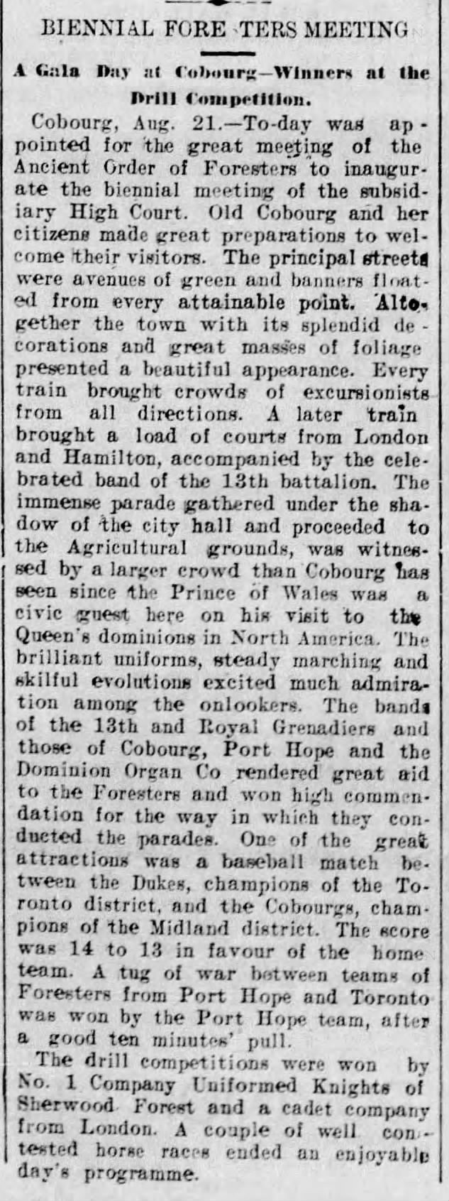 1893-08-22 Baseball -Foresters gala day at Cobourg -Ottawa Citizen
