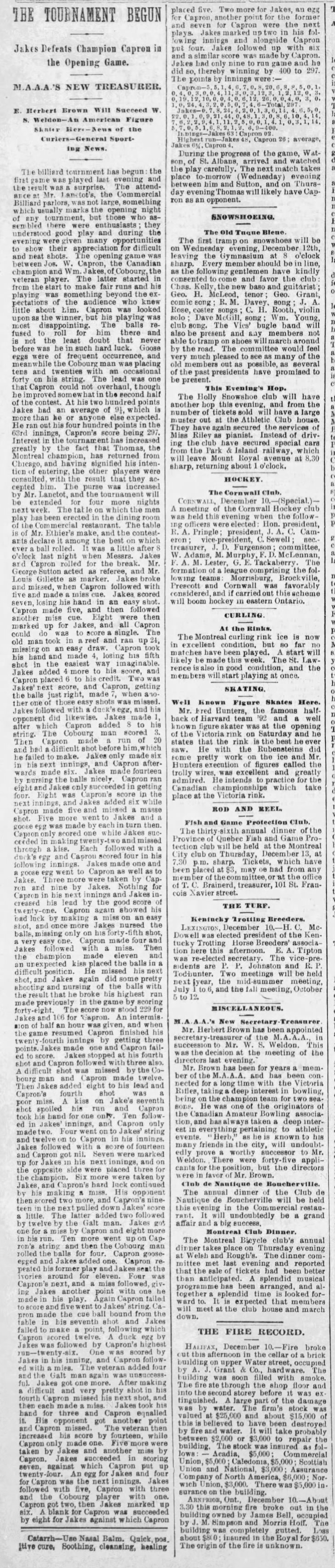 1894-12-11 Billiards -Tourney -Montreal Gazette