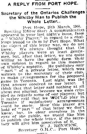 1900-03-30 Hockey -PH Ontarios reply to Whitby Man