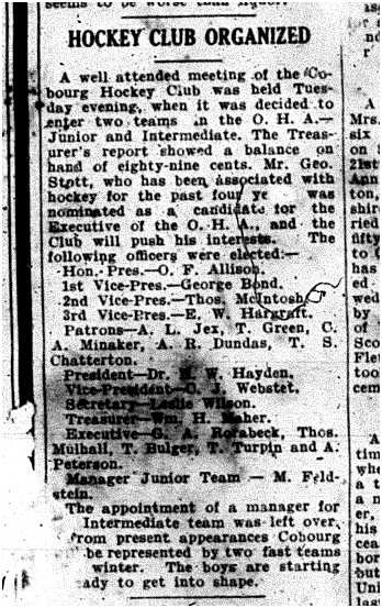 1911-10-27 Hockey - Junior-Intermediate organize