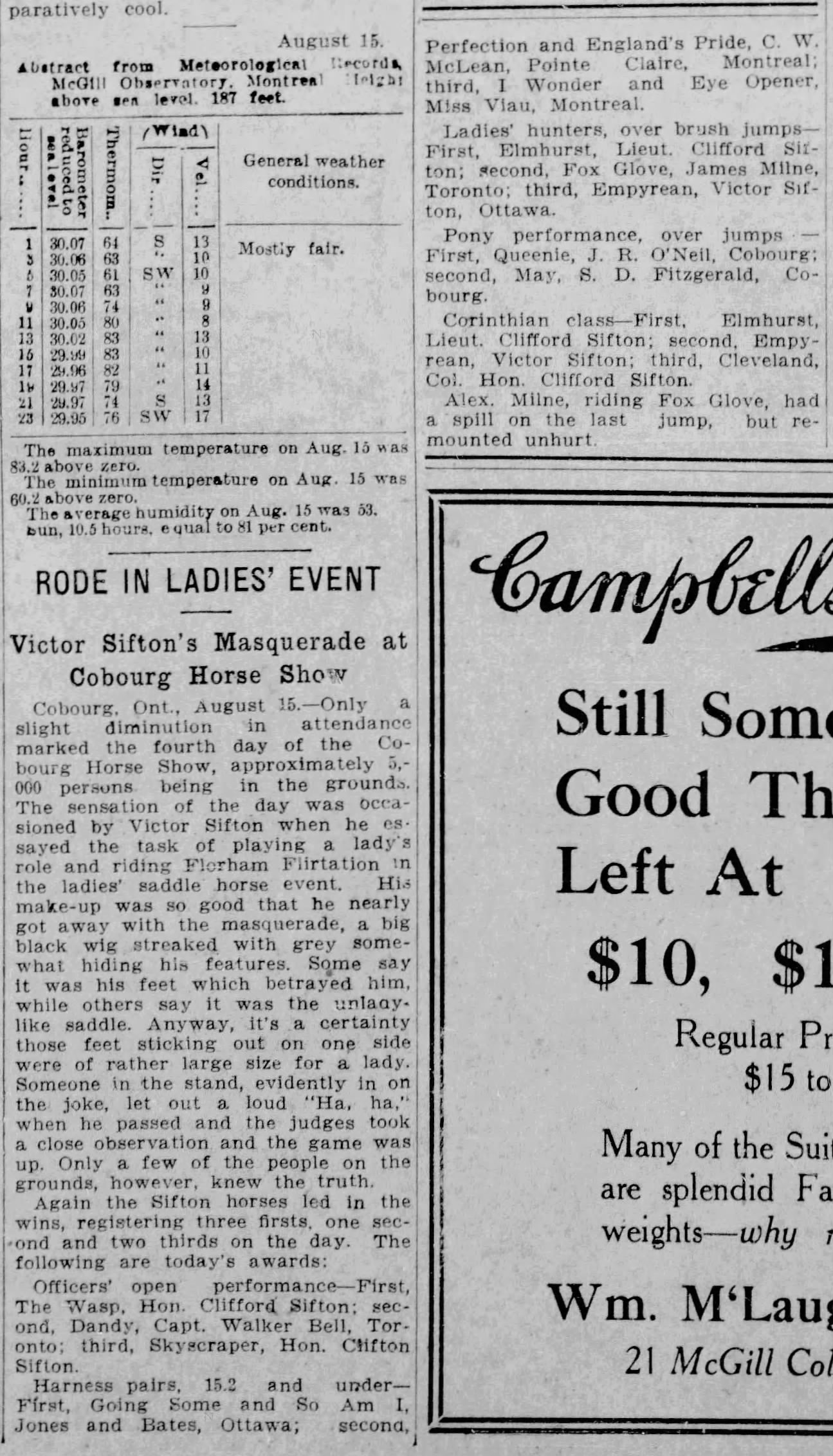 1913-08-16 Horses -Cobourg Horse Show -Montreal Gazette