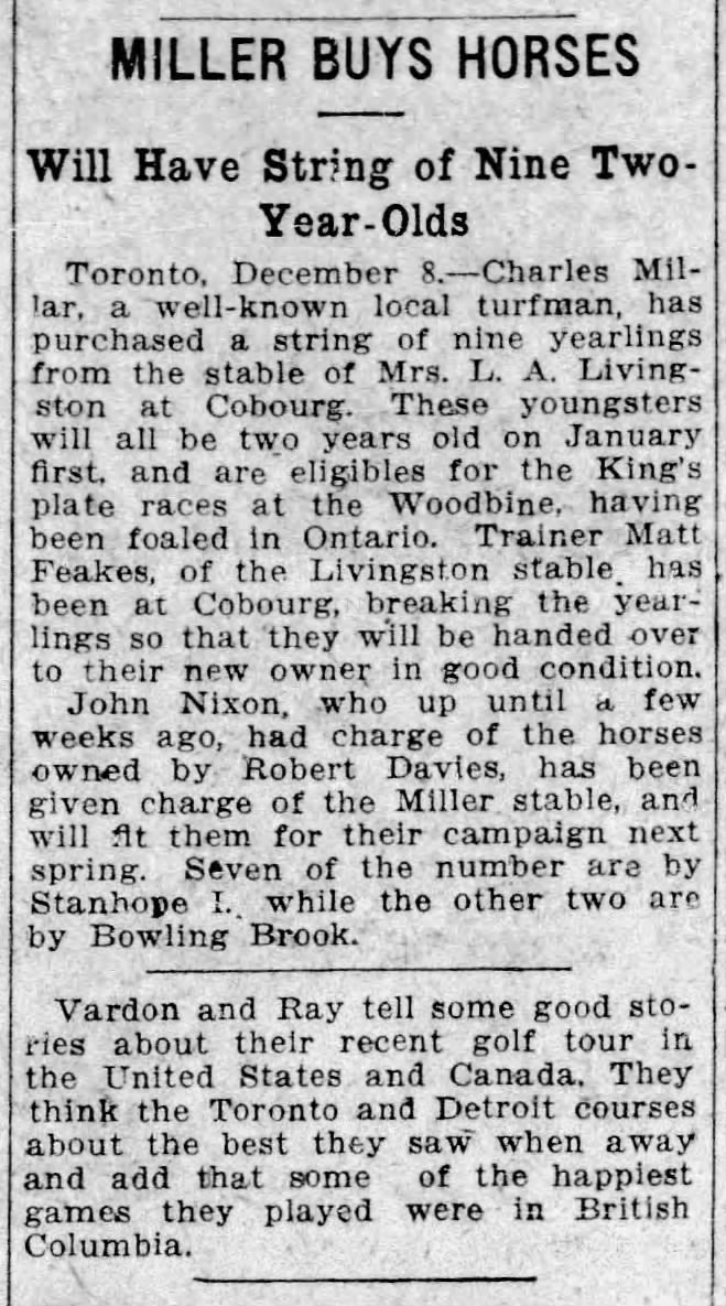 1913-12-09 Horses - Mrs Livingstone stable sale -Montreal Gazette