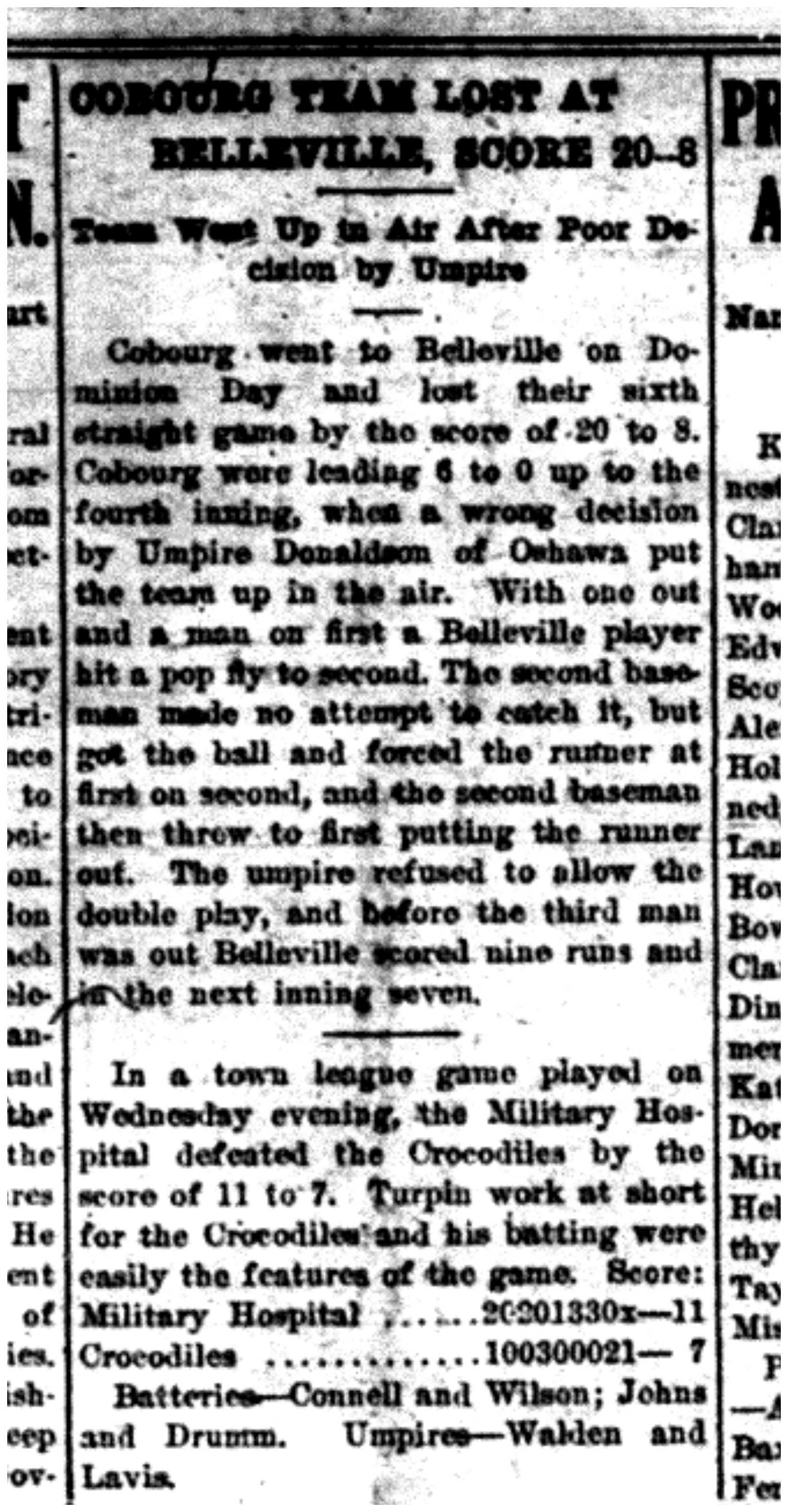 1919-07-04 Baseball -Cobourg loses 20-4