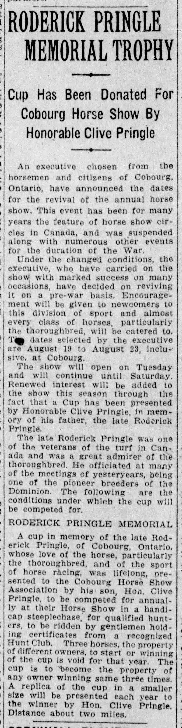 1919-08-06 Horses -Cobourg Horse Show -Pringle Cup -Montreal Gazette