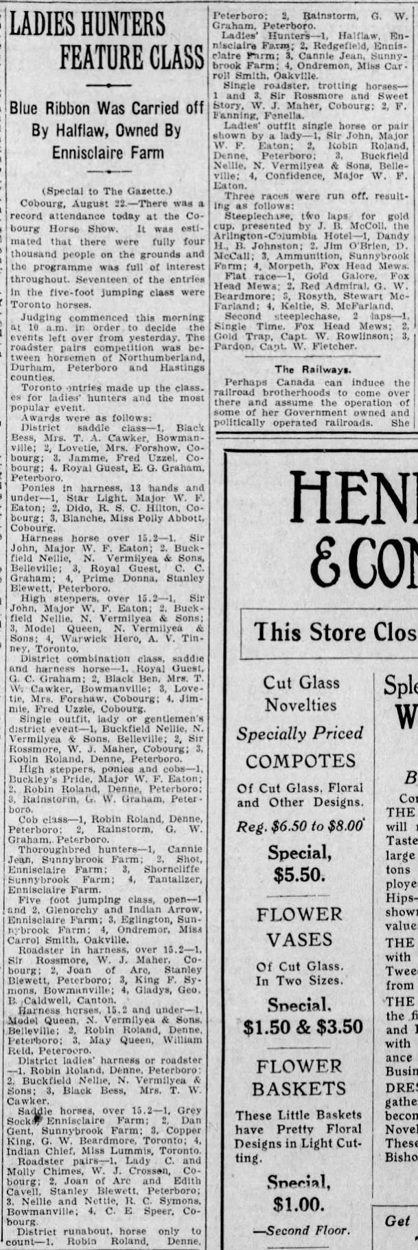 1919-08-23 Horses -Cobourg Horse Show Ladies Results -Montreal Gazette