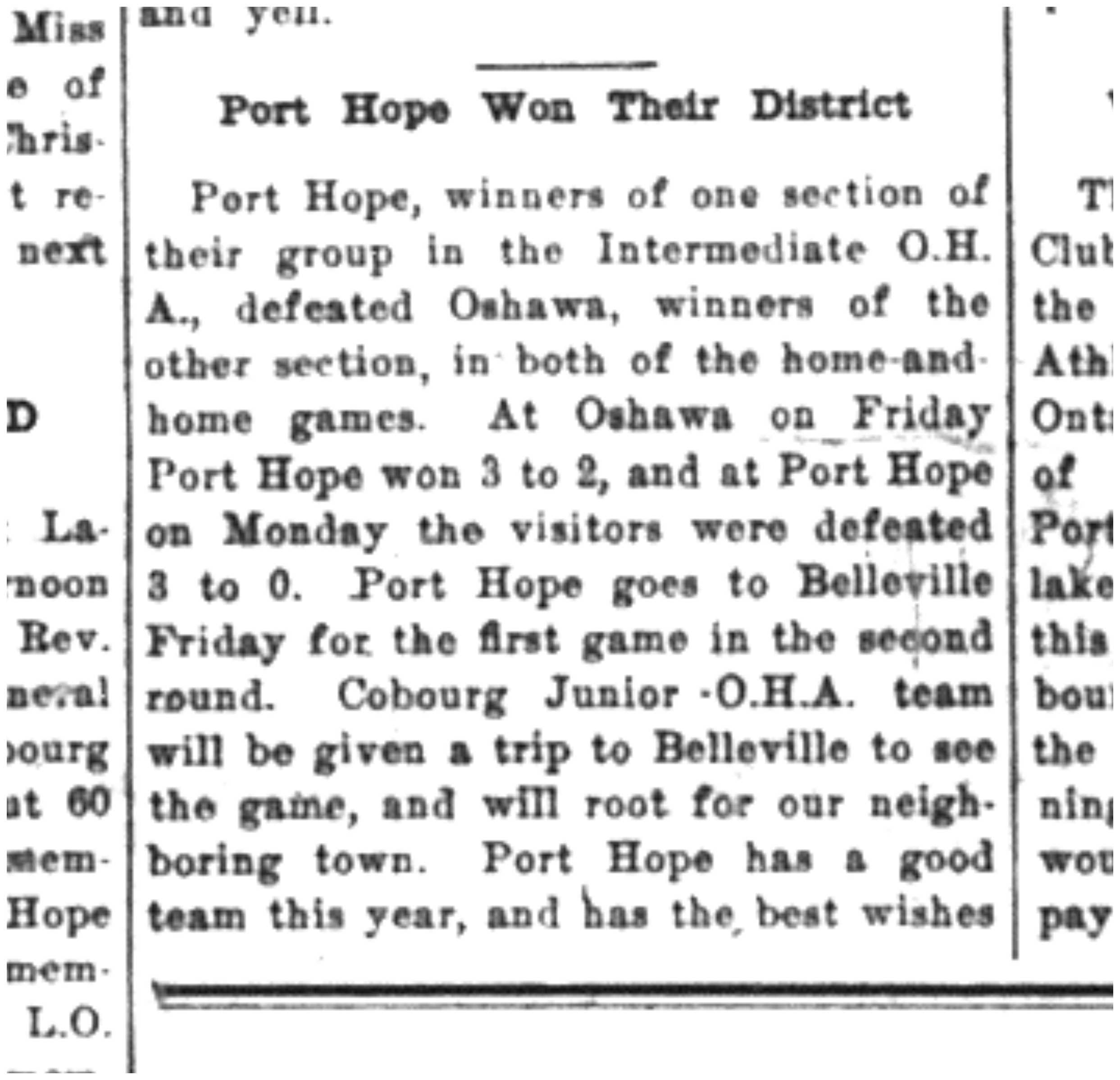 1921-02-10 Hockey -Port Hope Intermediates
