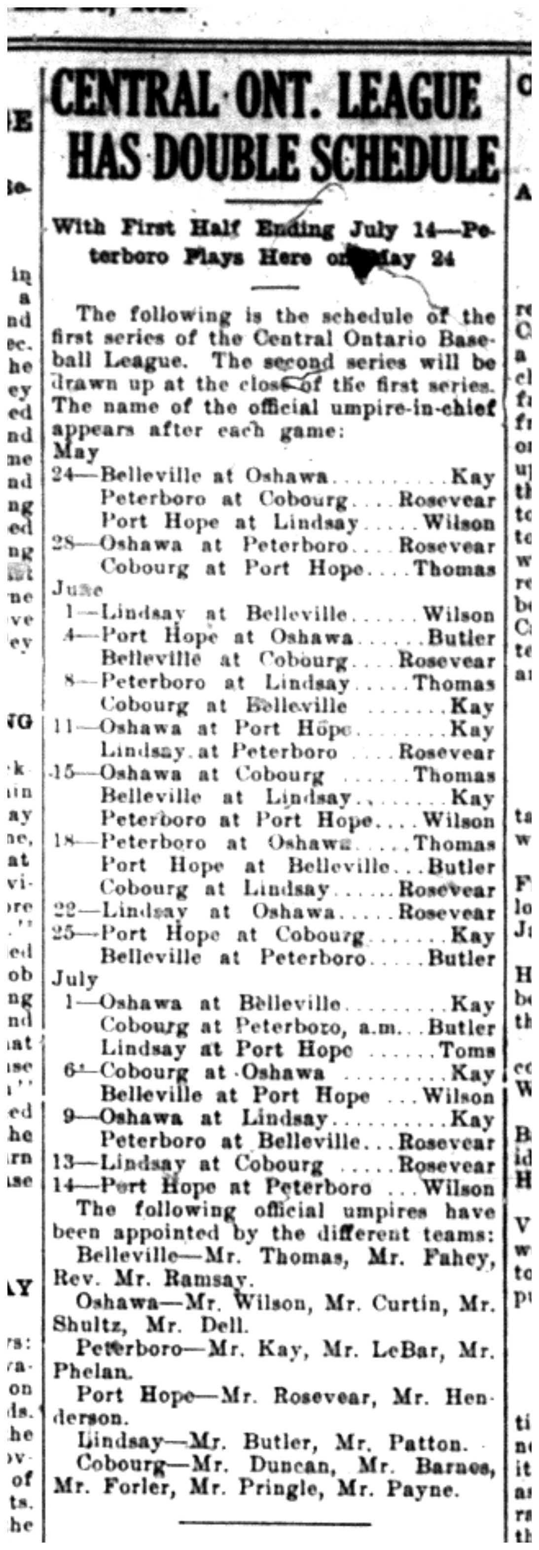 1921-04-28 Baseball -Central Ontario Schedule