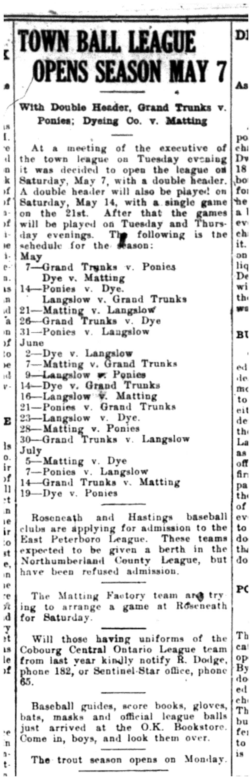 1921-04-28 Baseball -Town League schedule