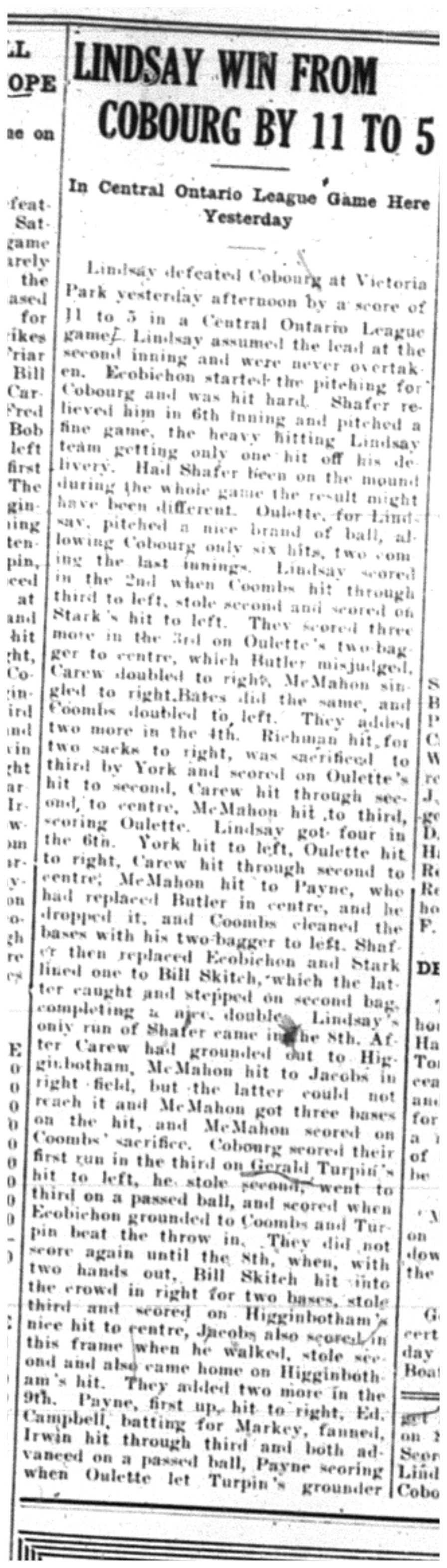 1921-07-14 Baseball -vs Lindsay