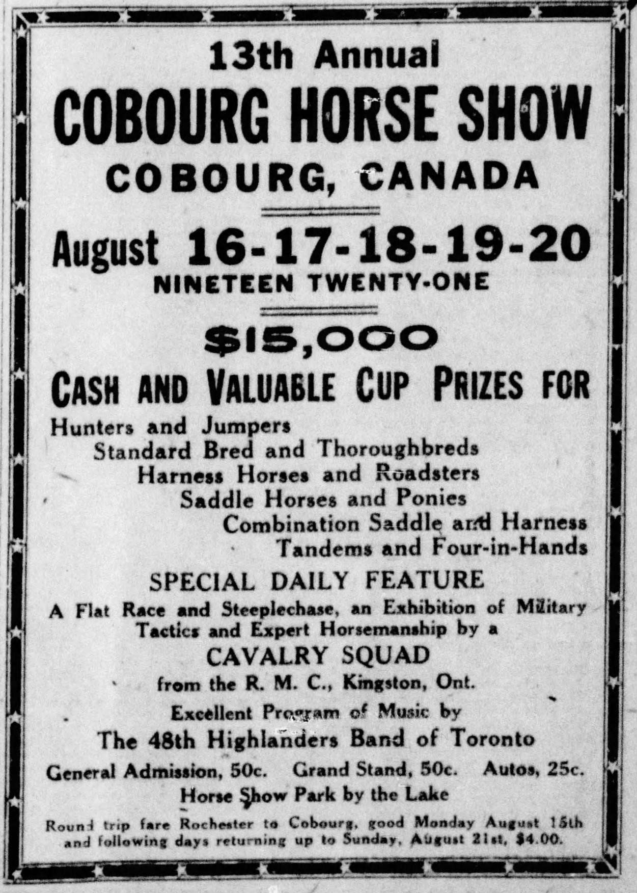 1921-08-04 Horses -Cobourg Horse Show -poster -Rochester Democrat Chronicle