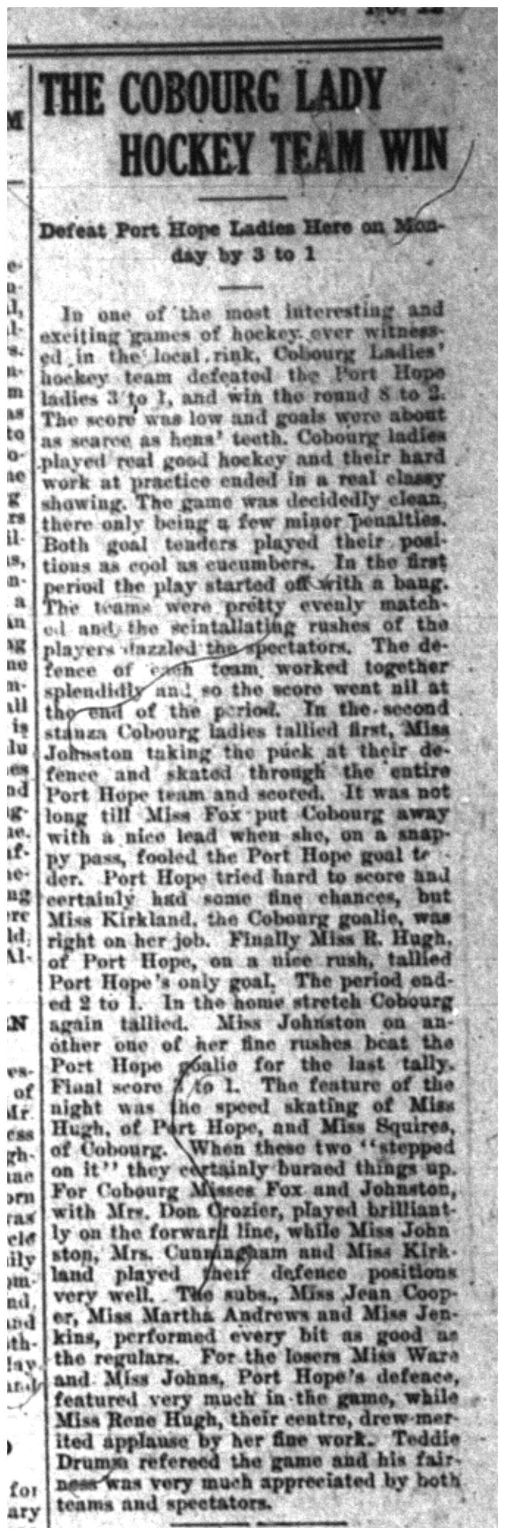 1923-03-23 Hockey -Ladies vs Port Hope