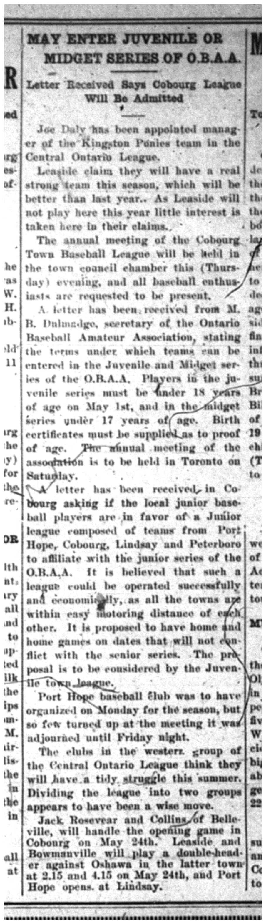 1923-04-05 Baseball -planning Midget & Juvenile in OBAA