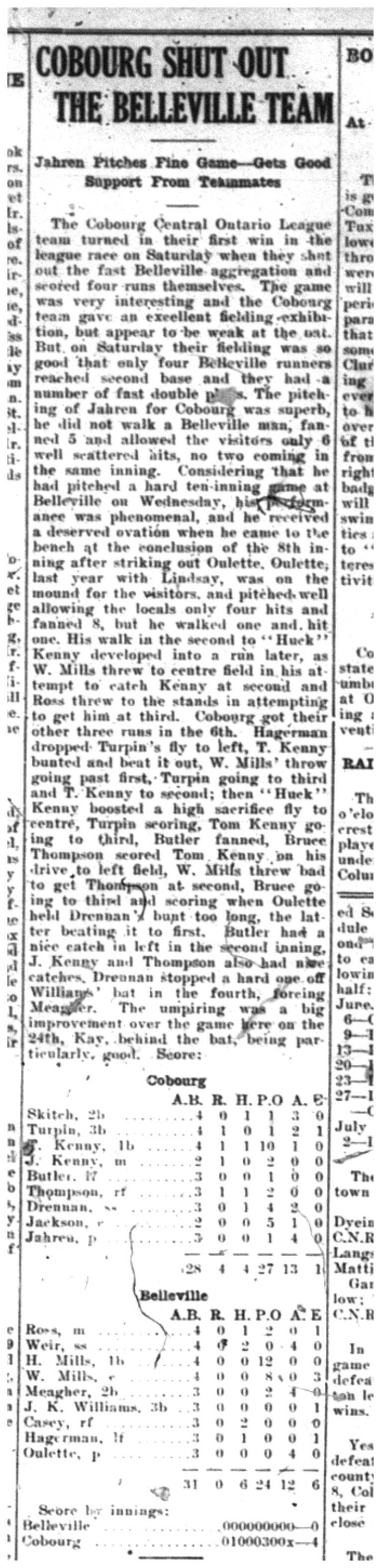1923-06-07 Baseball -Cobourg vs Belleville
