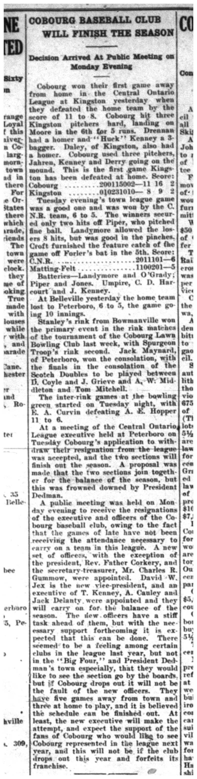 1923-07-19 Baseball -Cobourg stays in COBL