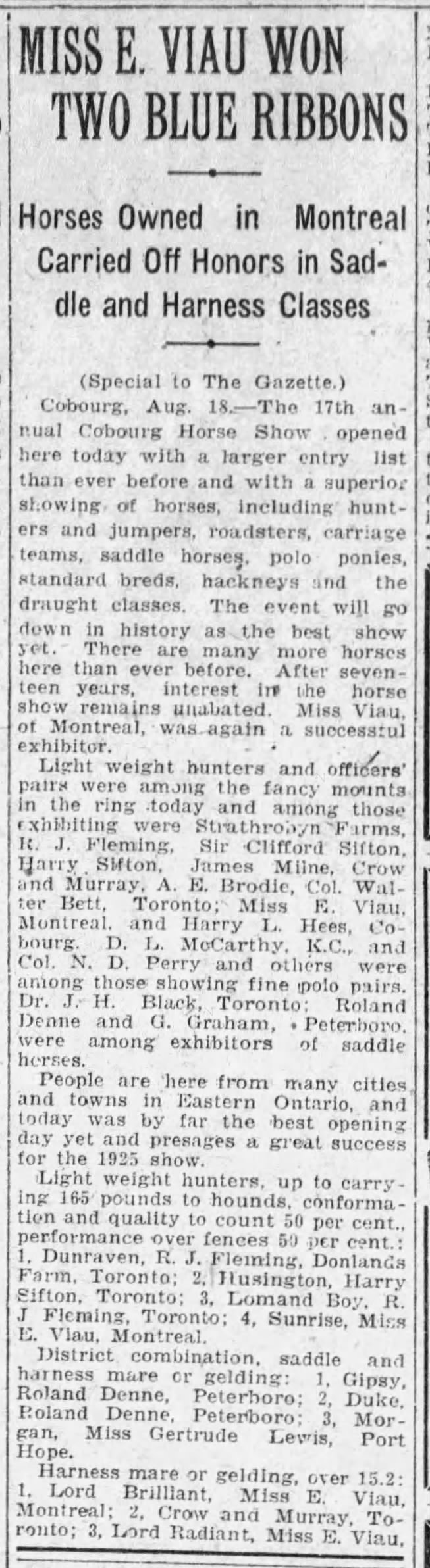 1925-08-19 Horses-Cobourg Horse Show -Montreal Gazette