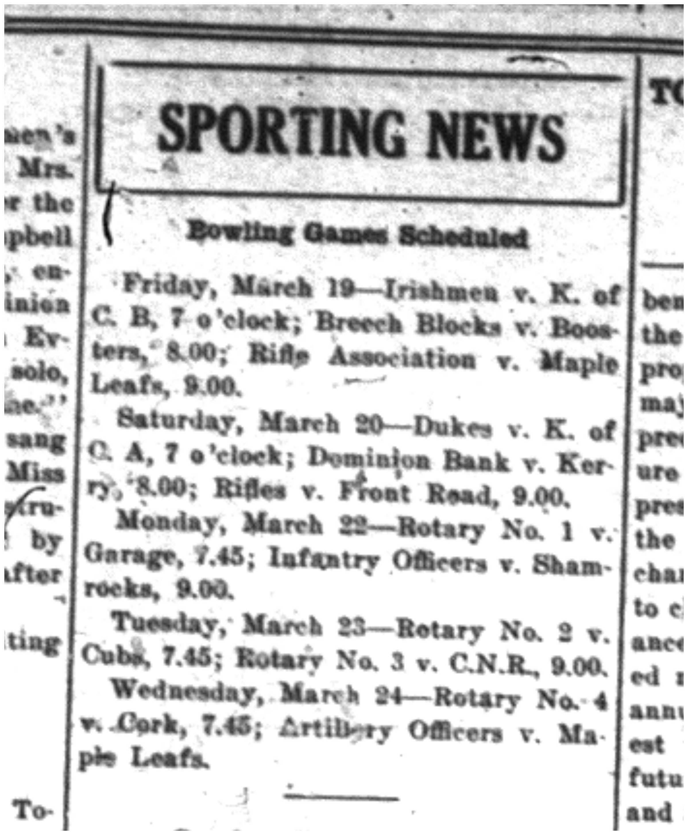 1926-03-18 Bowling -Schedule