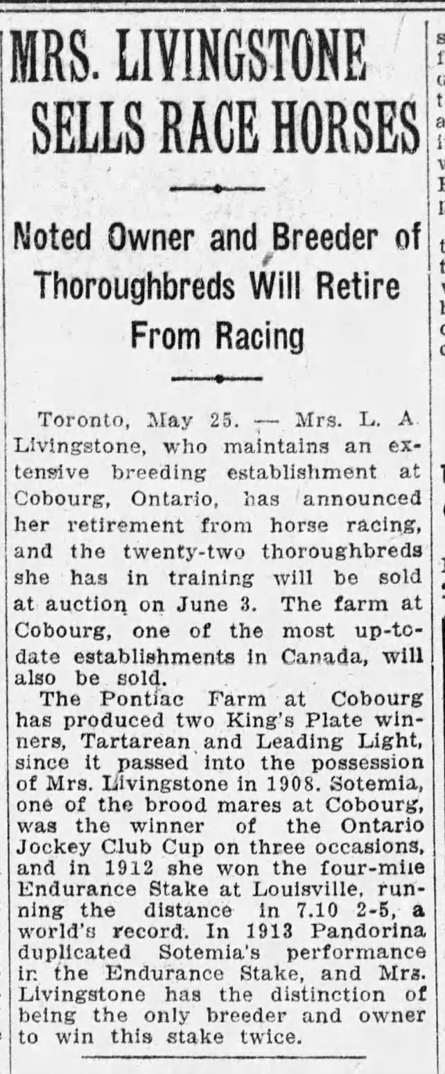 1927-05-26 Horses -Mrs Livingstone retiring -Montreal Gazette
