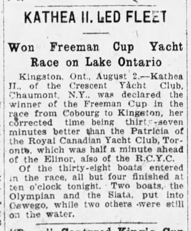 1927-08-03 Yacht racing -Cobourg to Kingston Cup -Montreal Gazette