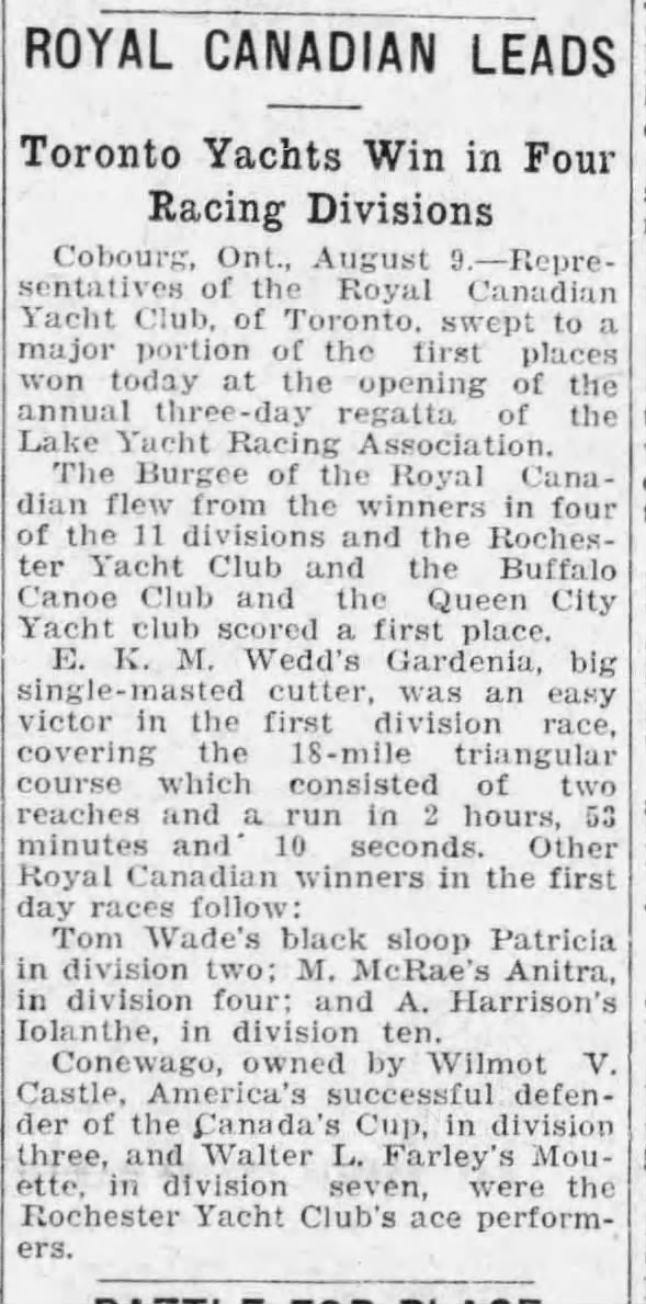 1932-08-10 Yacht Racing -Toronto at Cobourg -Montreal Gazette