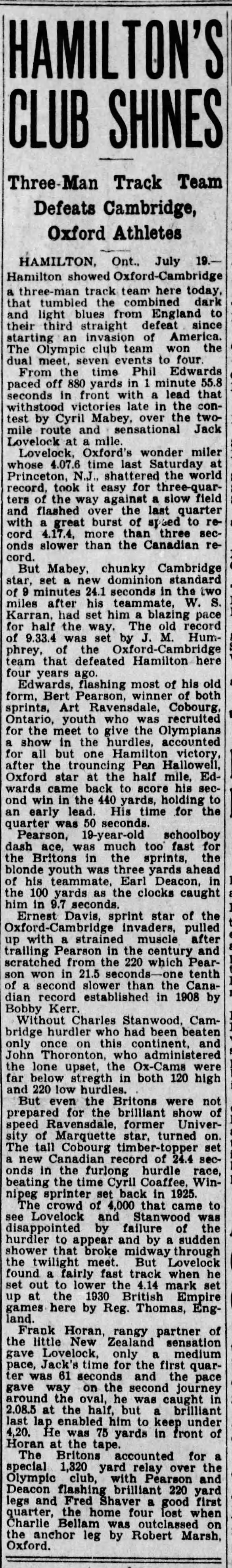 1933-07-20 Track and Field -Ravensdale at Hamilton meet -Saskatoon Star Phoenix