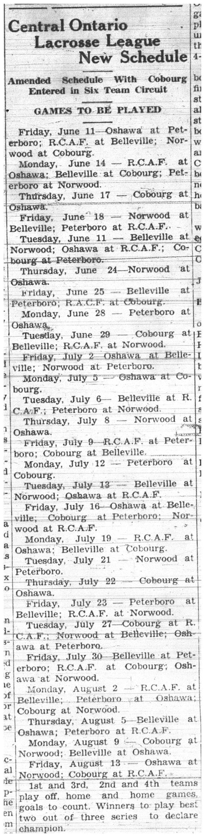 1937-06-10 Lacrosse -League Schedule