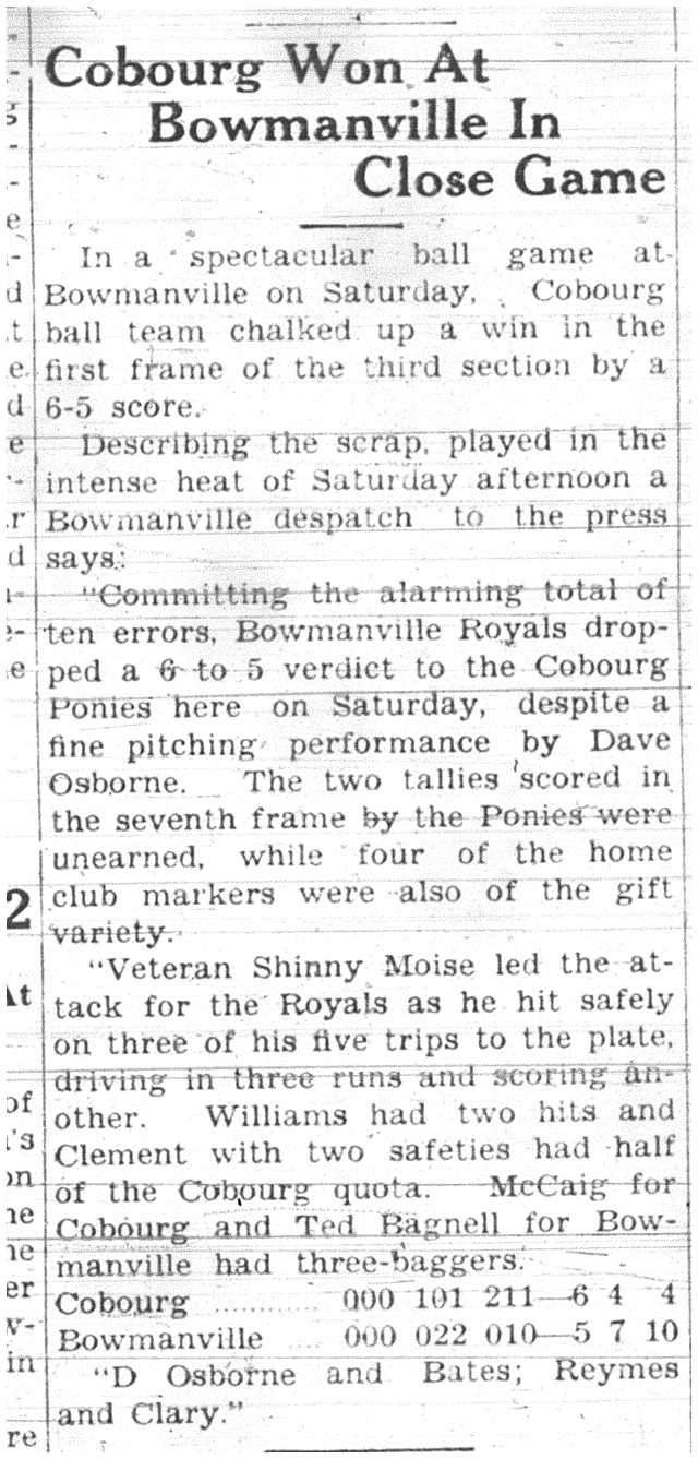 1937-07-15 Baseball - Intermediates vs Bowmanville
