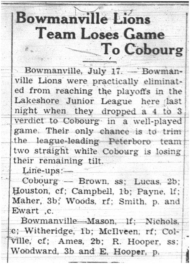 1937-07-22 Baseball - Juniors vs Bowmanville