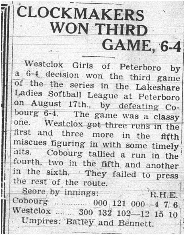 1937-08-26 Softball - Girls Lakeshore League