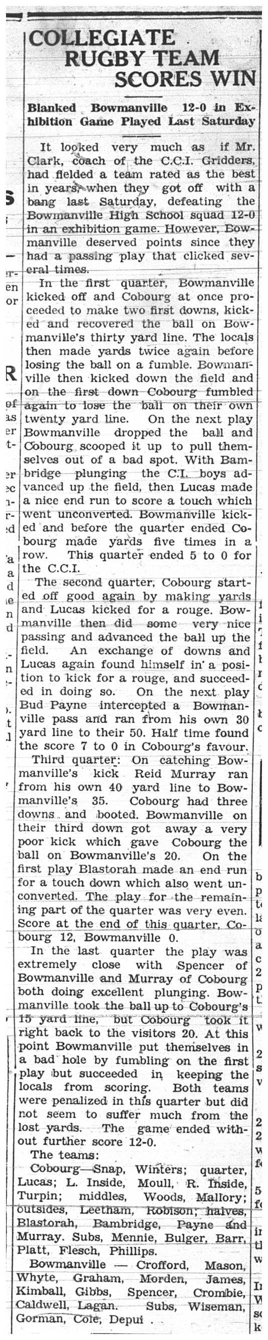 1937-10-07 School -CCI Rugby vs Bowmanville