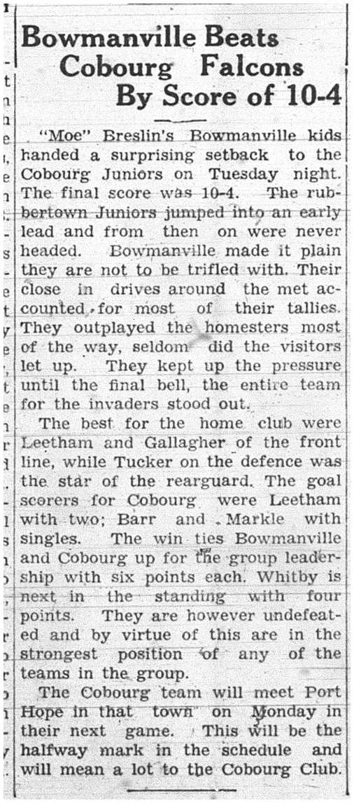 1938-01-13 Hockey -Juniors vs Bowmanville