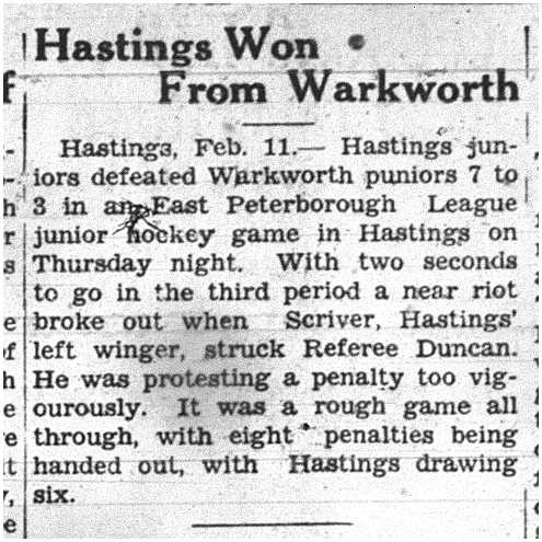 1938-02-17 Hockey -Junior Hastings vs Warkworth