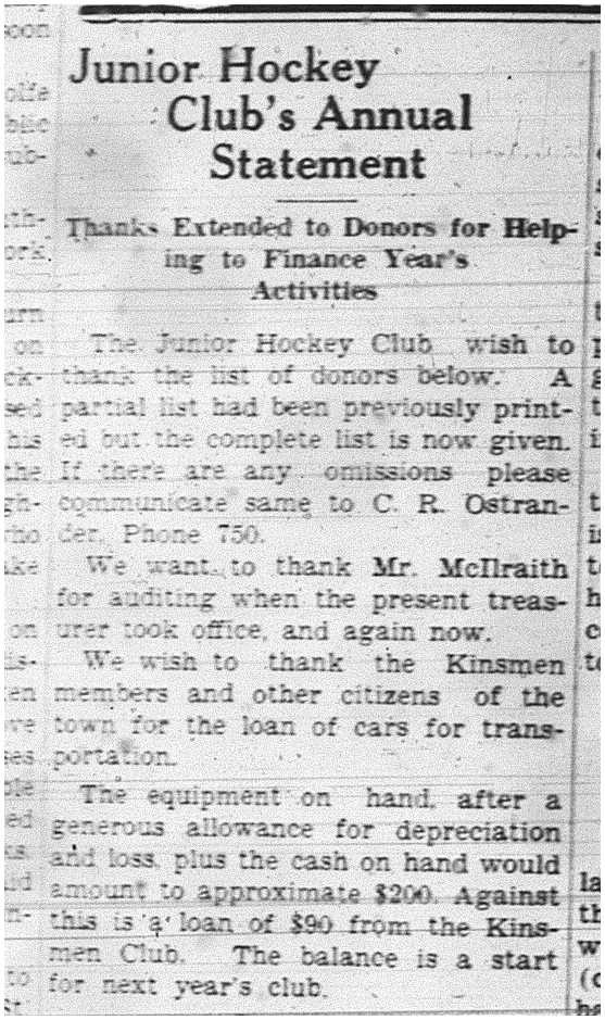 1938-05-05 Hockey -Juniors expense statement