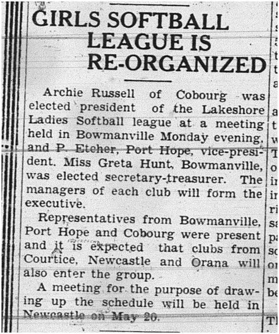 1938-05-12 Softball -Lakeshore Ladies League organizes