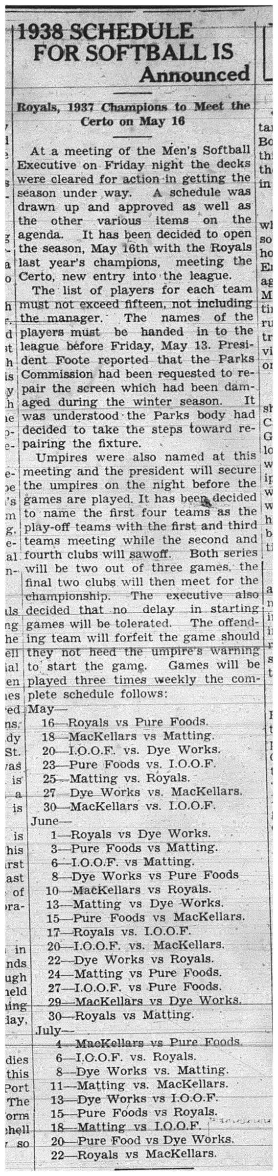 1938-05-12 Softball -Men's League schedule