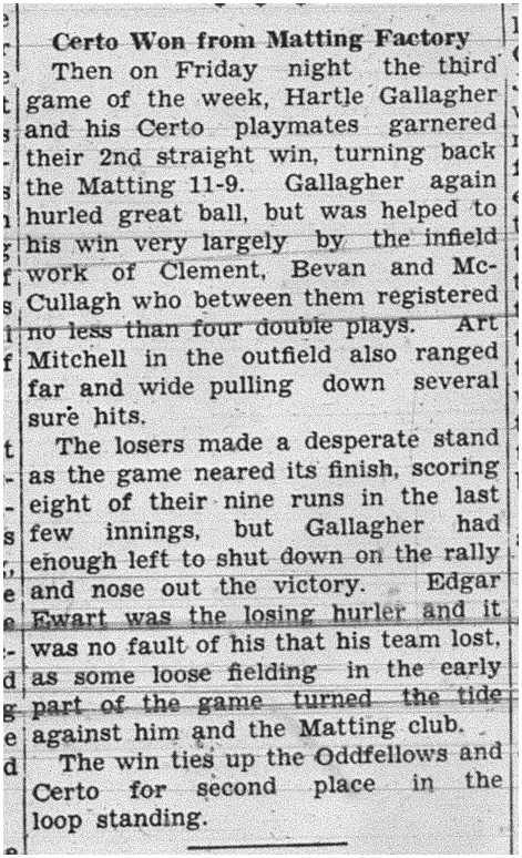 1938-06-09 Softball -Certo vs Matting Factory