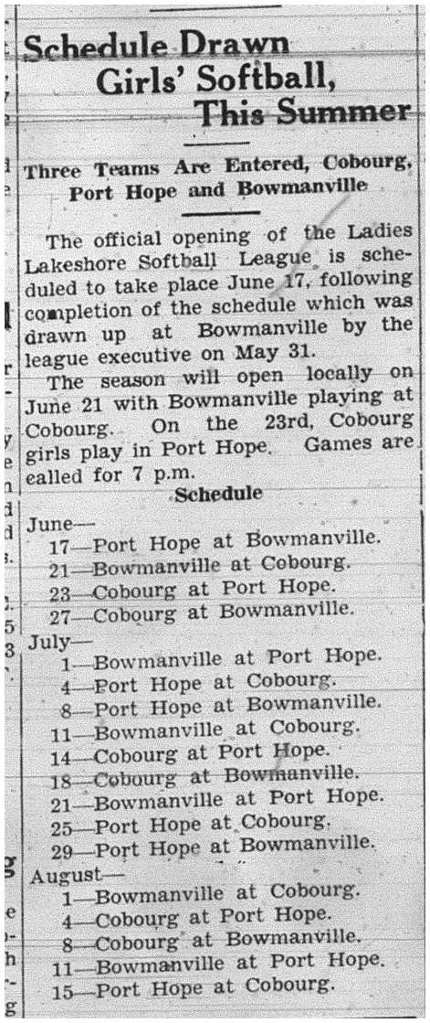 1938-06-09 Softball -Ladies Lakeshore Schedule