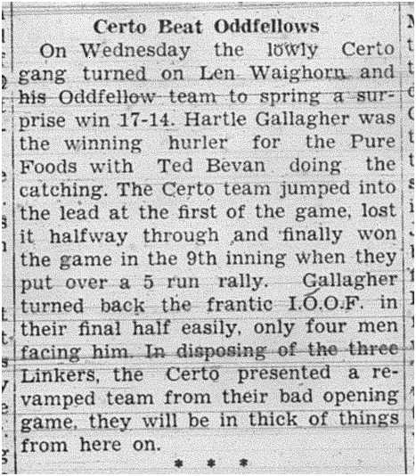 1938-06-09 Softball -Oddfellows vs Certo