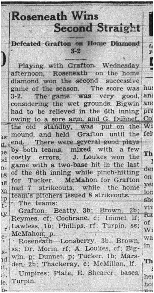 1938-06-16 Baseball -Roseneath vs Grafton