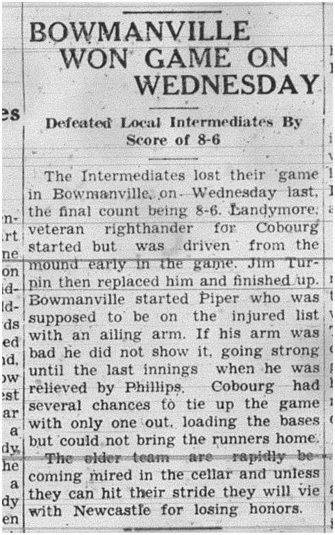 1938-06-23 Baseball -Intermediates vs Bowmanville