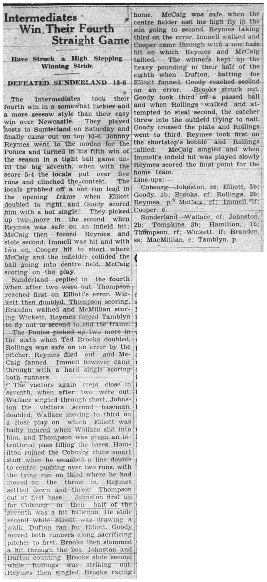 1938-07-14 Baseball -Intermediates vs Sunderland