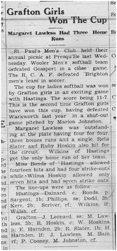 1938-07-28 Softball -Ladies Cup Grafton vs Hastings