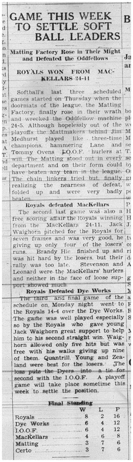 1938-07-28 Softball -Mens League Royals lead