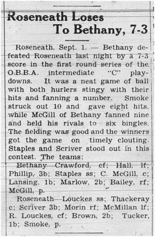 1938-09-08 Baseball -Intermediate -Roseneath vs Bethany