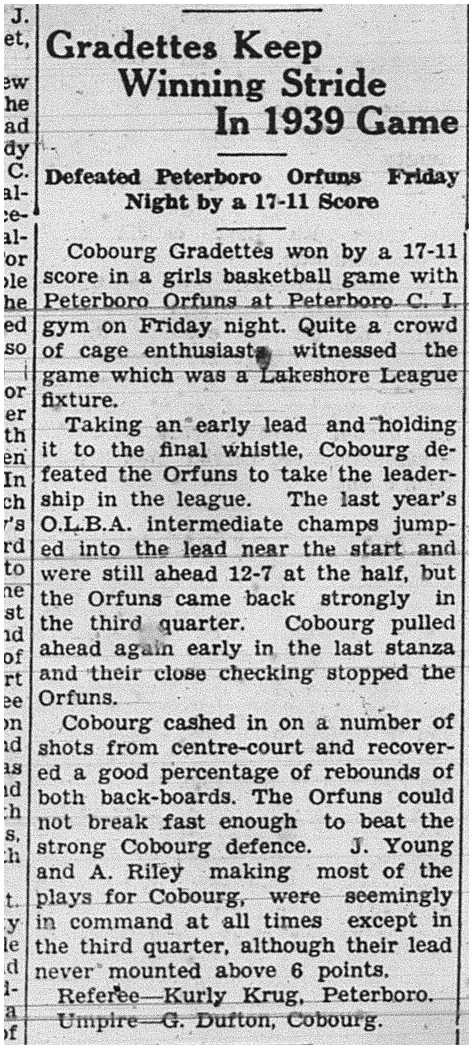 1939-01-19 Basketball -Cobourg Gradettes Girls vs Peterborough