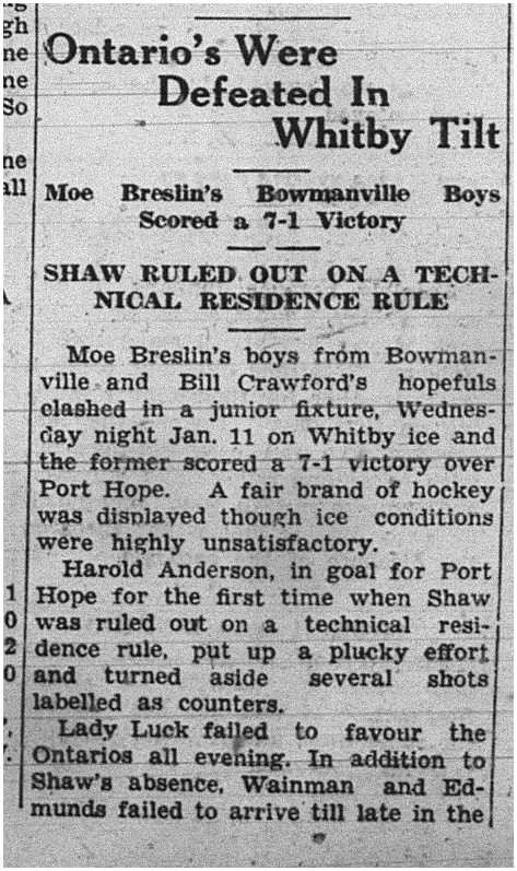 1939-01-19 Hockey -Juniors PH vs Whitby