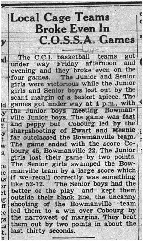 1939-01-19 School -CCI Basketball 4 Games vs Bowmanville