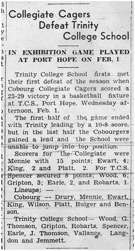 1939-02-09 Basketball -Cobourg vs Trinity College School