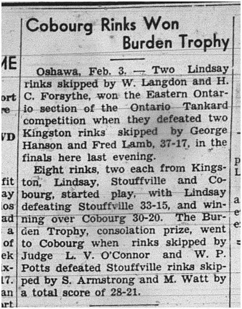 1939-02-09 Curling -Eastern Ontario Section of Ontario Tankard