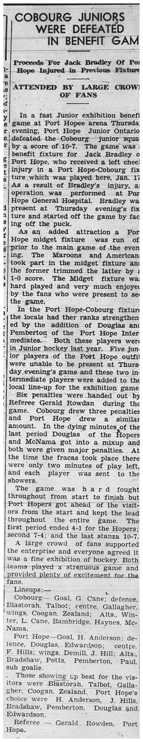 1939-02-09 Hockey -Cobourg Juniors vs PH Juniors Exhibition Fundraiser